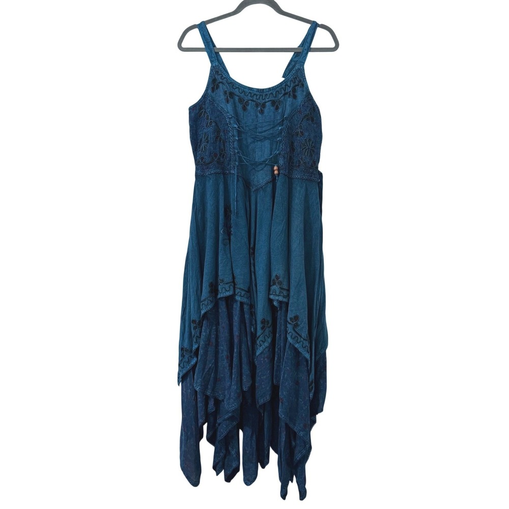 VTG Go Gal Dress Teal Fairycore Whimsigoth Boho Festival Lace Front Asymmetrical